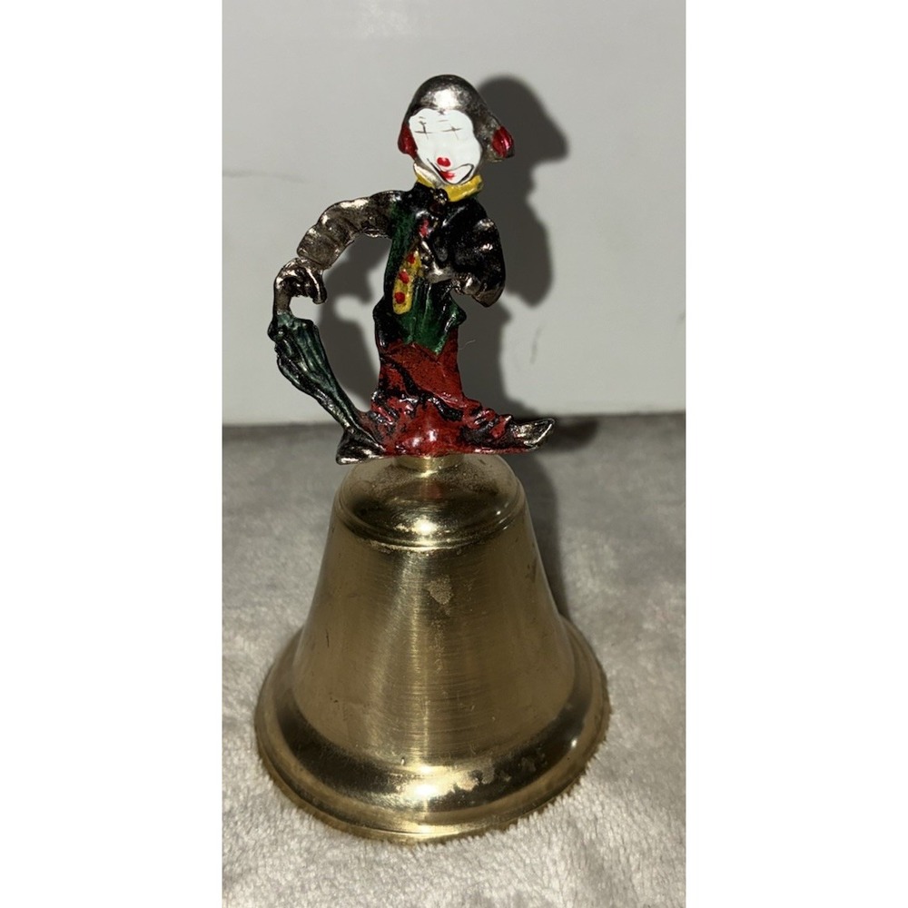 VTG Clown Brass Hand Bell Handle Happy Holding Umbrella Enamel Circus Decor 4"